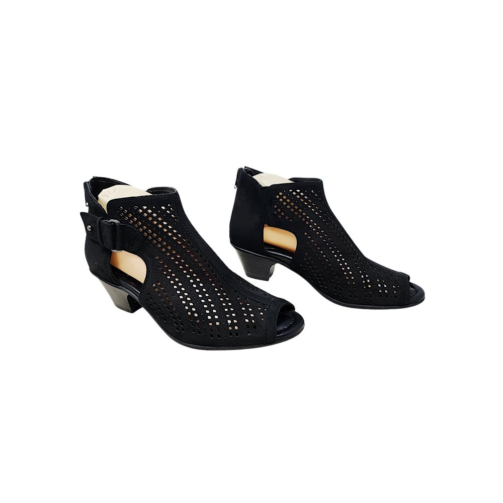 Earth Keri Booties 7B Women Black Laser Cut Perforated Peep Toe Suede Ankle Boot